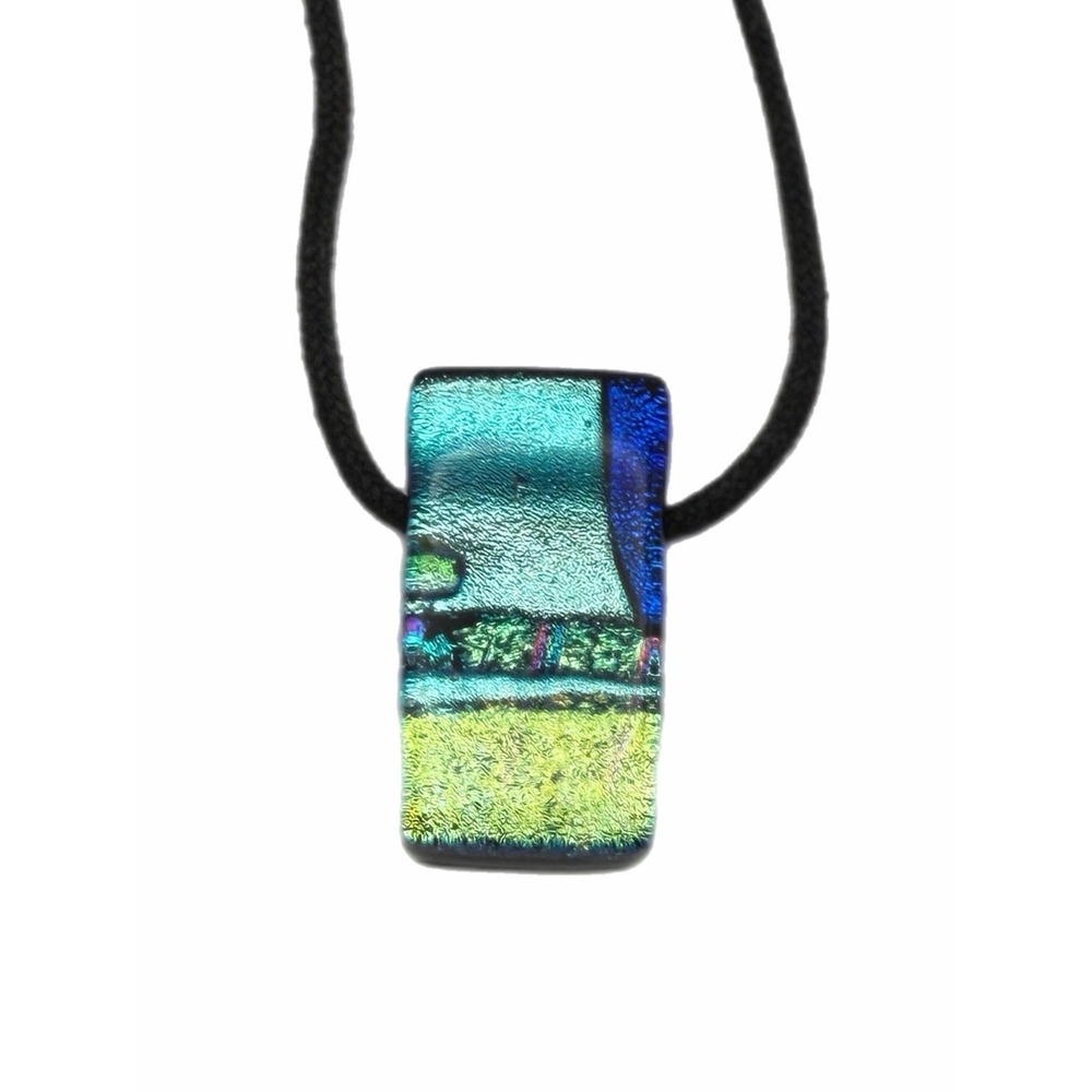 Dichroic Glass Rectangle Pendant Necklace Teal Blue Green Iridescent Artisan